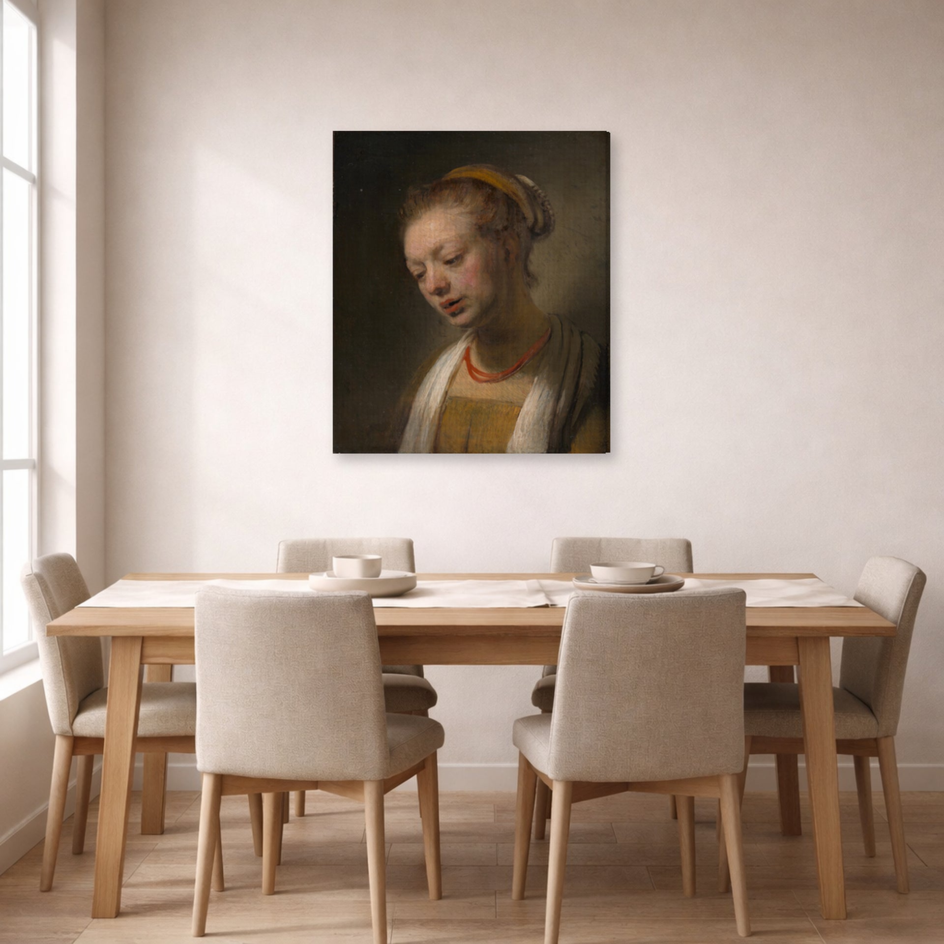 Gallery-wrapped canvas print of Rembrandt's Young Woman with a Red Necklace displayed on a wall in a dining room