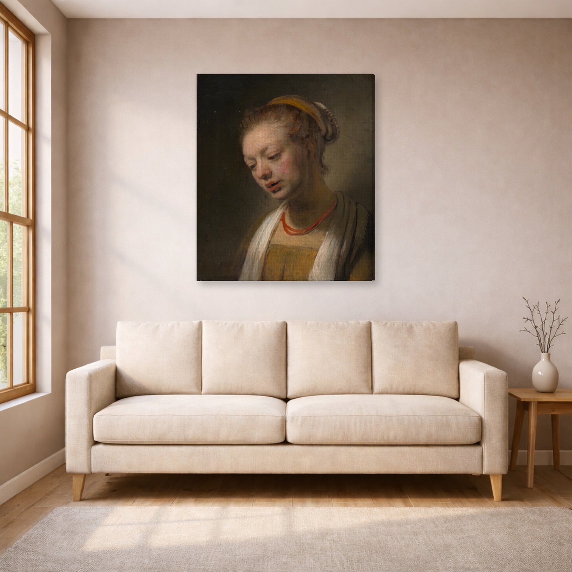 Gallery-wrapped canvas print of Rembrandt's Young Woman with a Red Necklace displayed on a wall in a living room