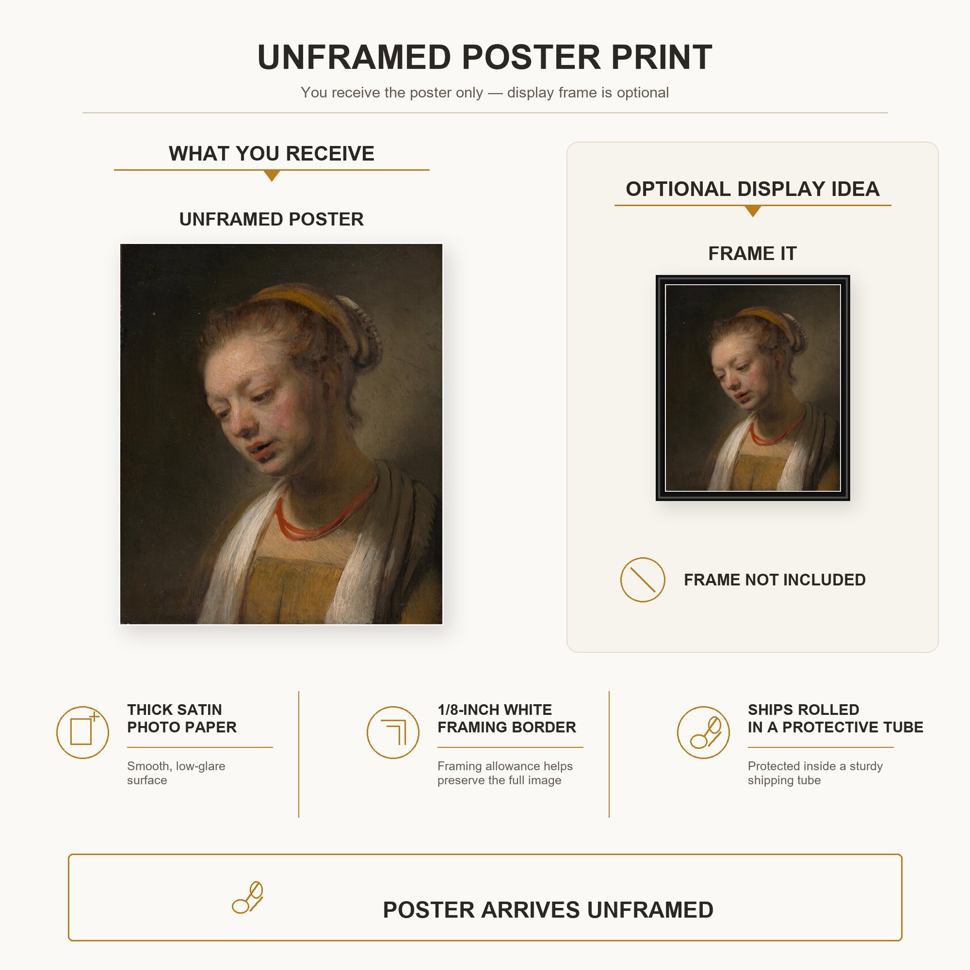 Rembrandt - Young Woman with a Red Necklace poster print size comparison and framing display infographic