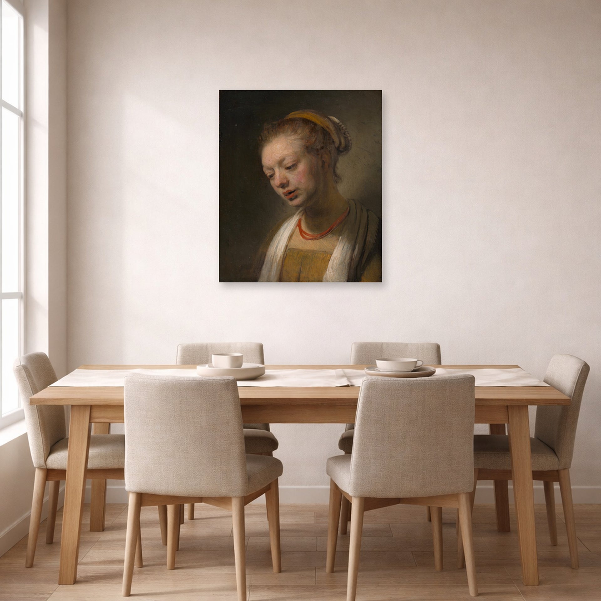 Unframed poster print of Rembrandt's Young Woman with a Red Necklace displayed on a wall in a dining room
