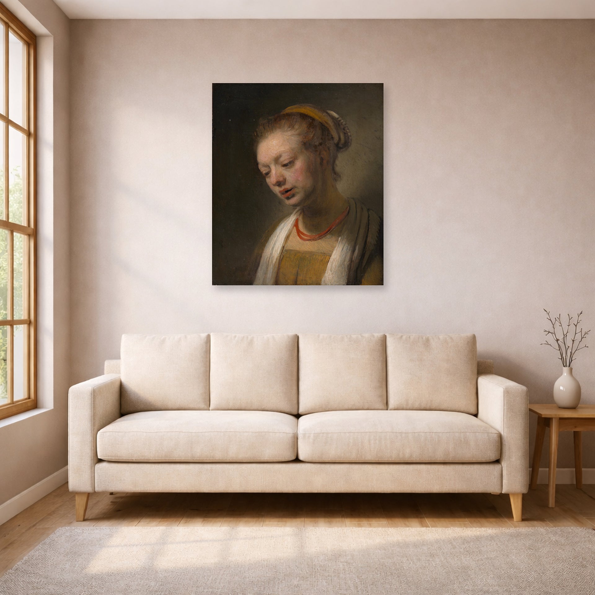 Unframed poster print of Rembrandt's Young Woman with a Red Necklace displayed on a wall in a living room