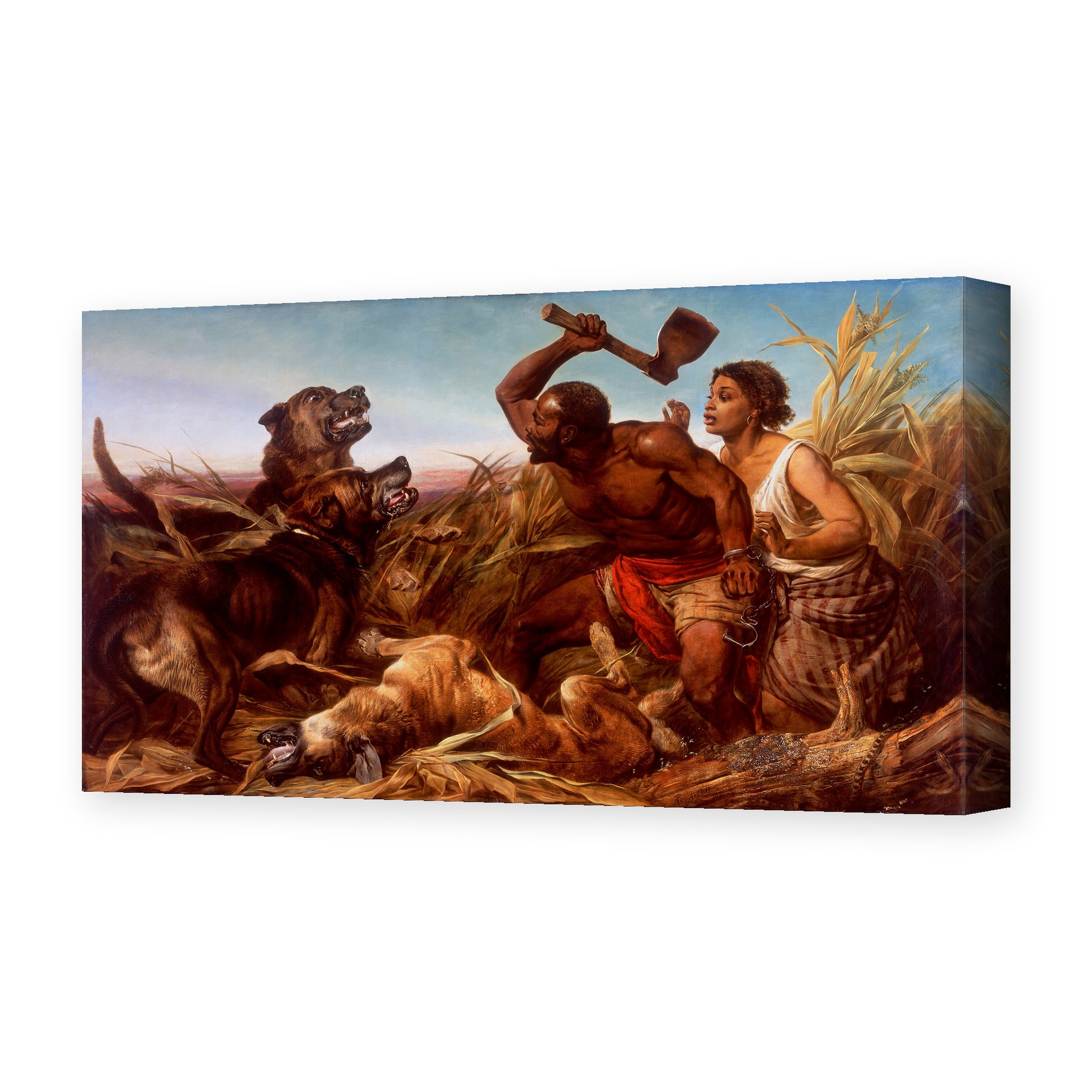 Richard Ansdell's 'The Hunted Slaves', depicting fugitive slaves fleeing with bloodhounds in pursuit, reproduced as a gallery-wrapped canvas print