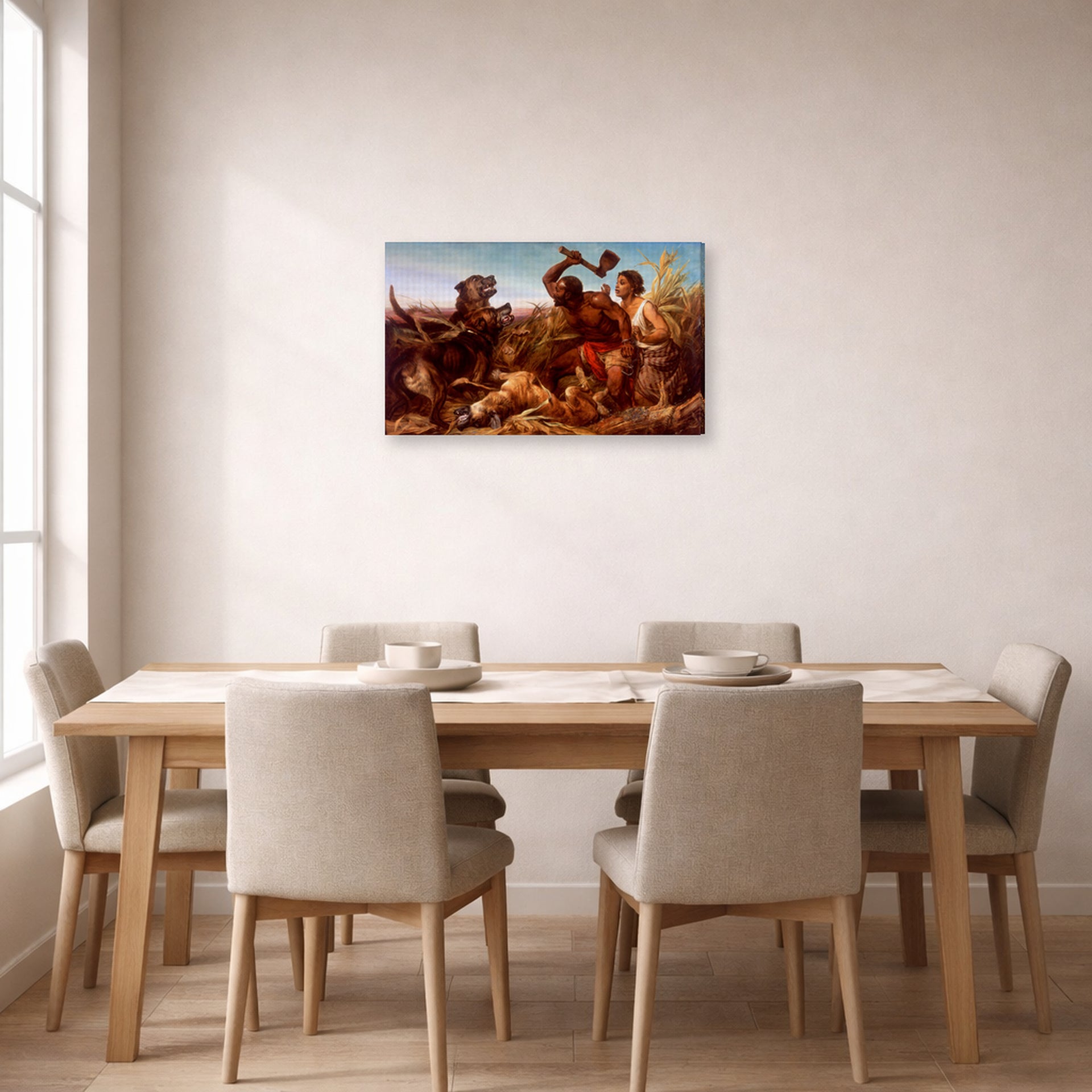 Gallery-wrapped canvas print of Richard Ansdell's The Hunted Slaves displayed on a wall in a dining