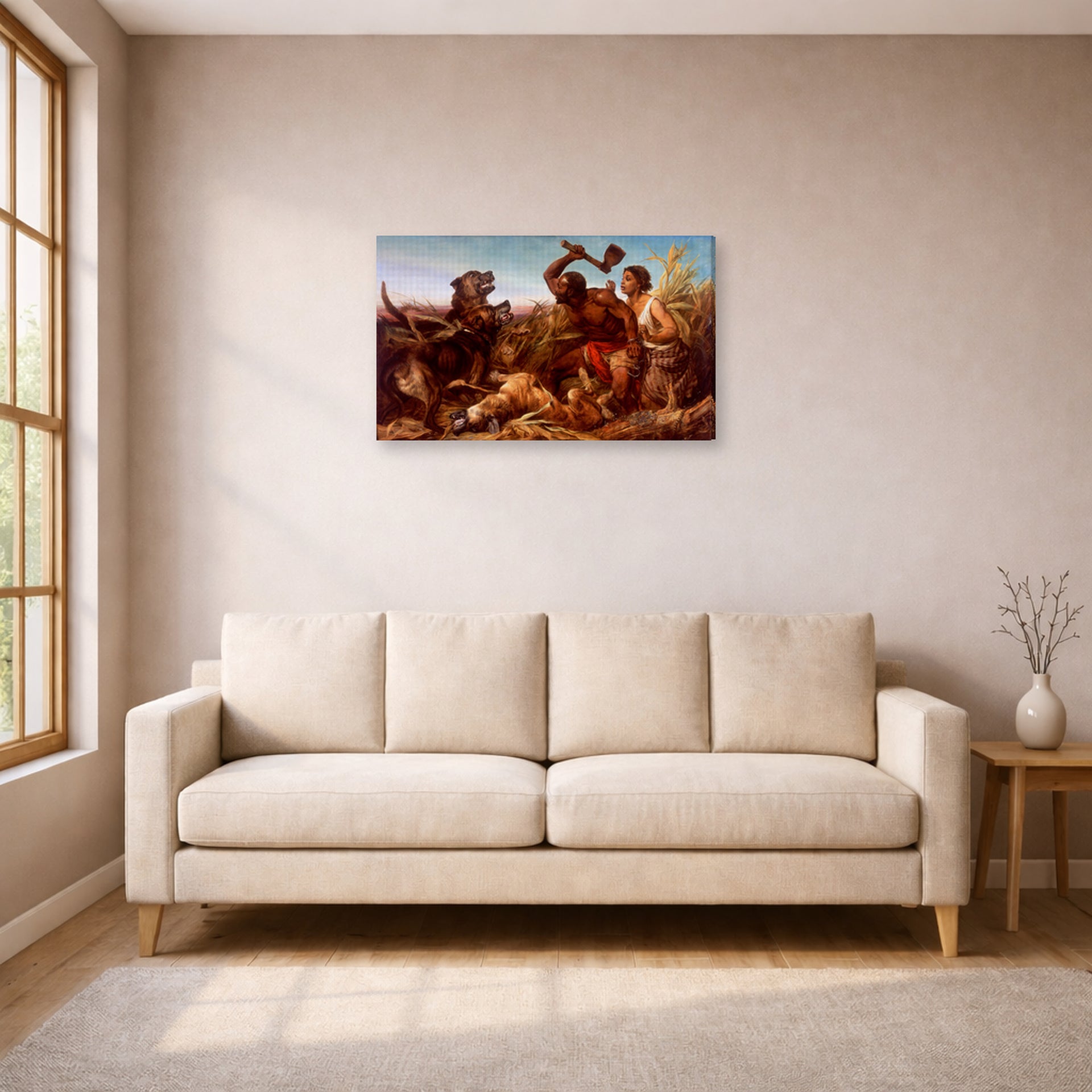 Gallery-wrapped canvas print of Richard Ansdell's The Hunted Slaves displayed on a wall in a living room