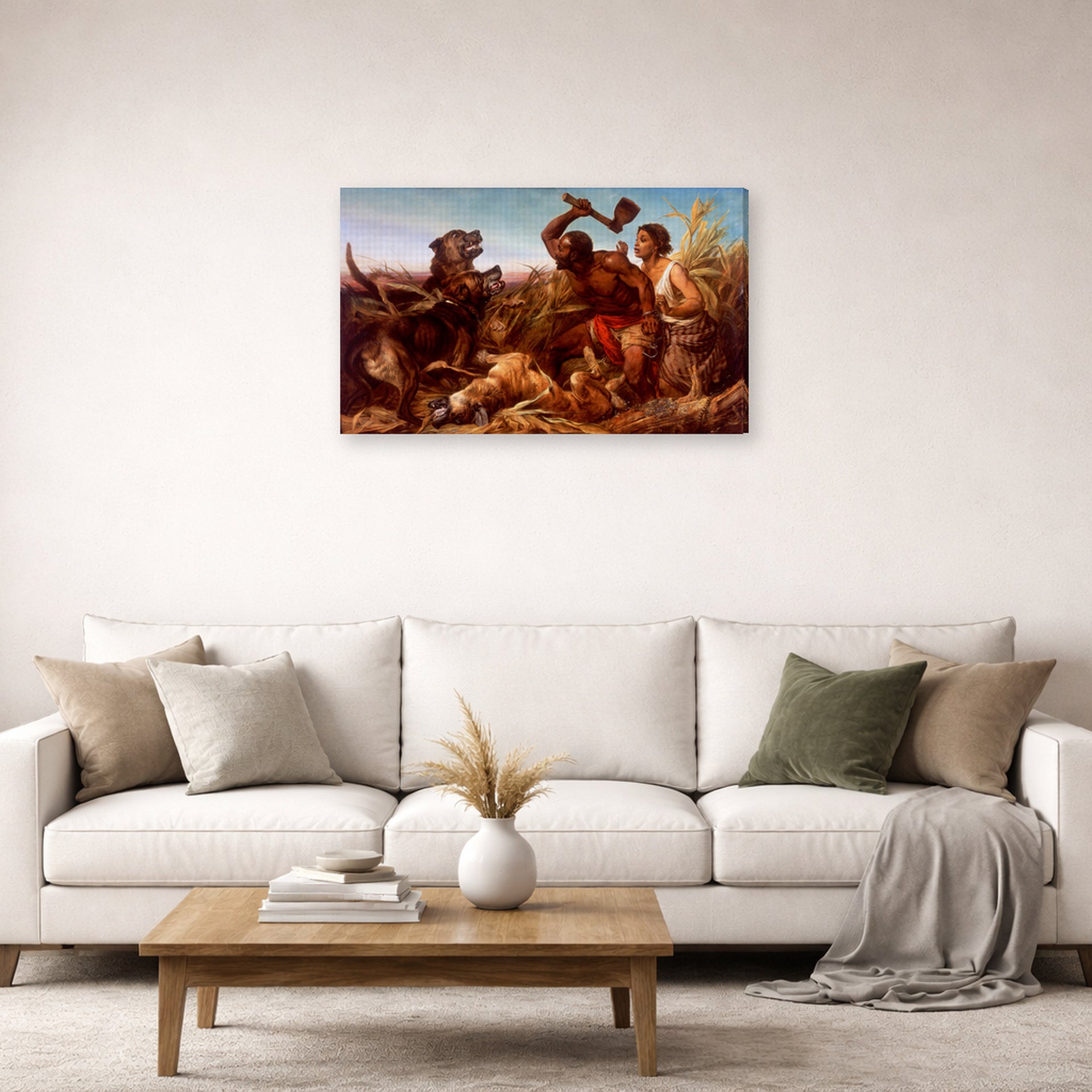 Gallery-wrapped canvas print of Richard Ansdell's The Hunted Slaves displayed on a wall in a living room