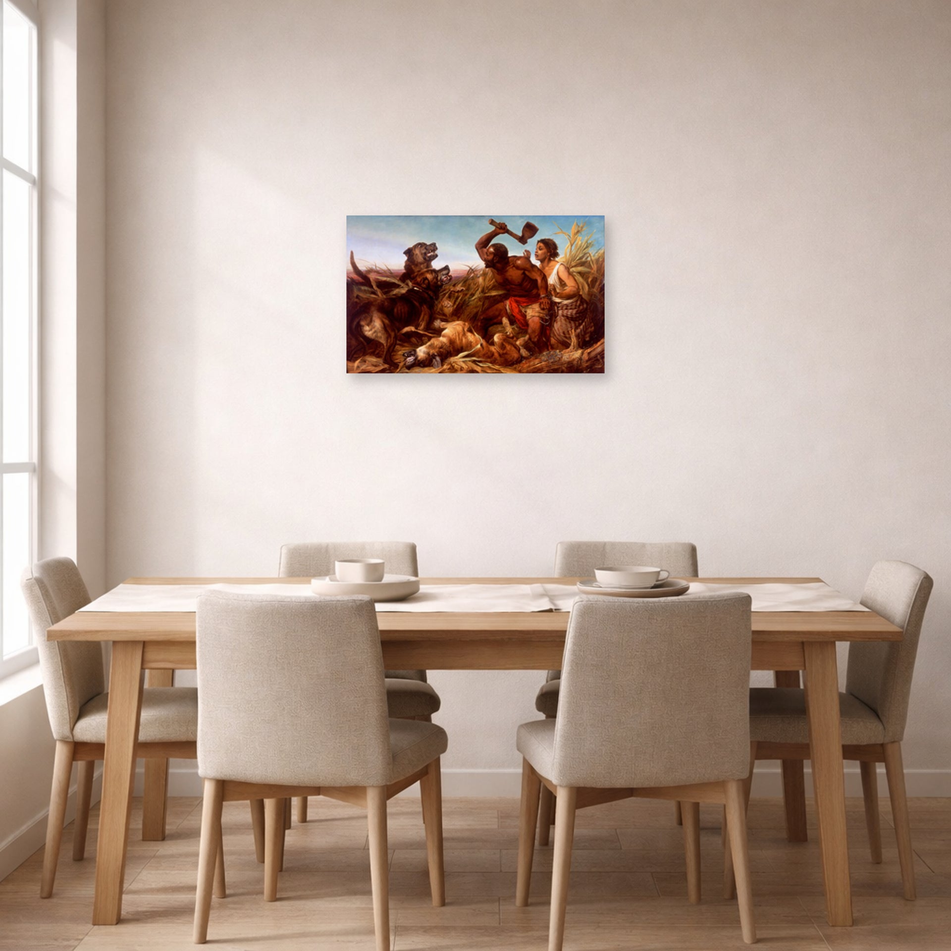 Unframed poster print of Richard Ansdell's The Hunted Slaves displayed on a wall in a dining