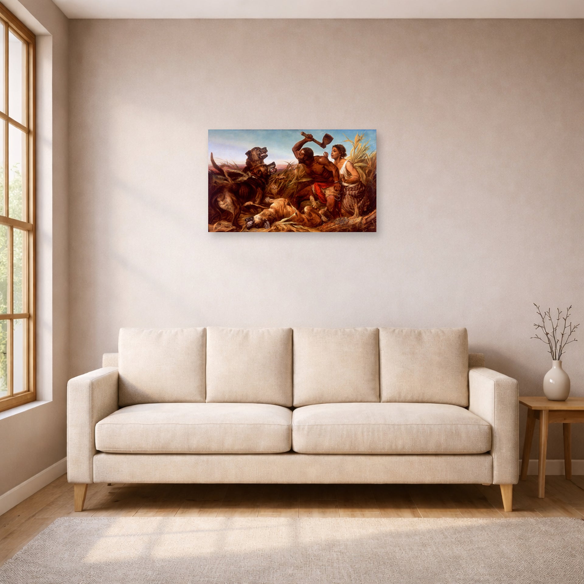 Unframed poster print of Richard Ansdell's The Hunted Slaves displayed on a wall in a living room