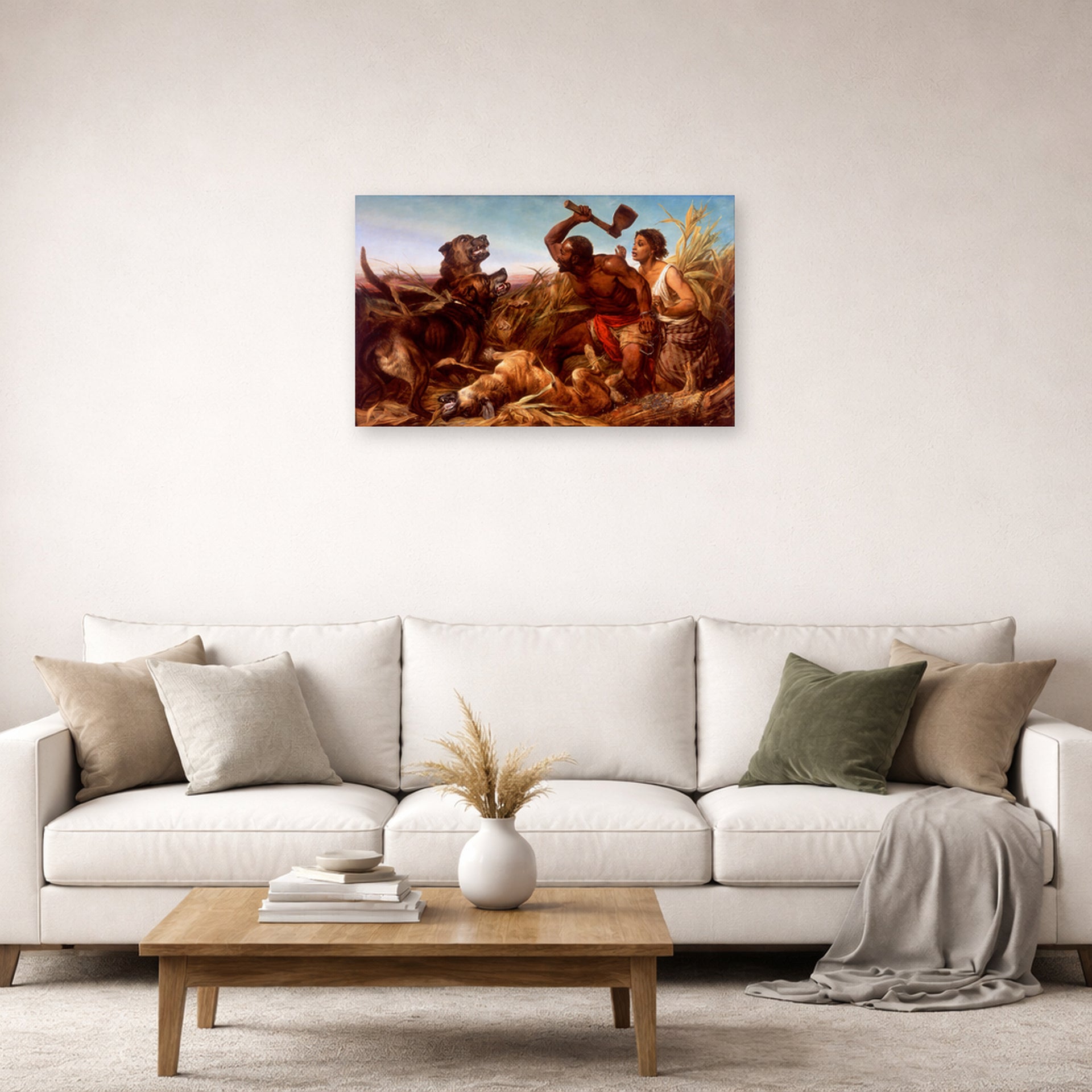 Unframed poster print of Richard Ansdell's The Hunted Slaves displayed on a wall in a living room