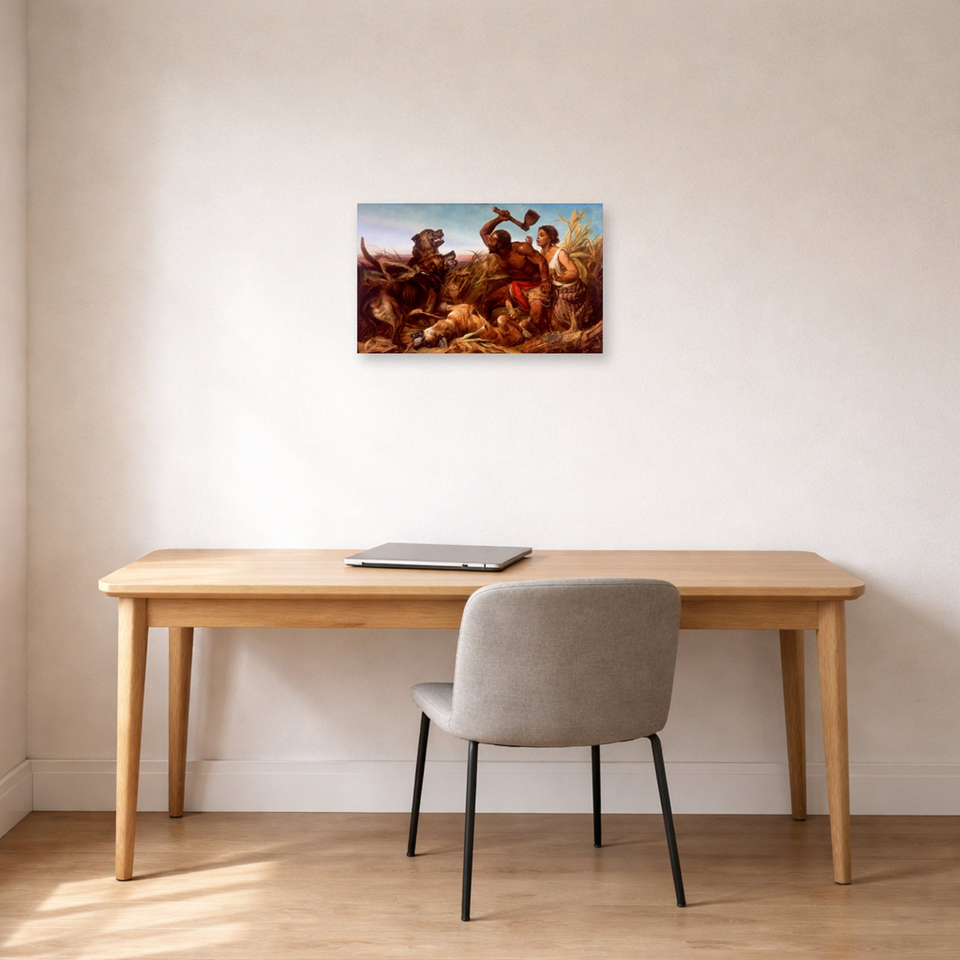 Unframed poster print of Richard Ansdell's The Hunted Slaves displayed on a wall in a office