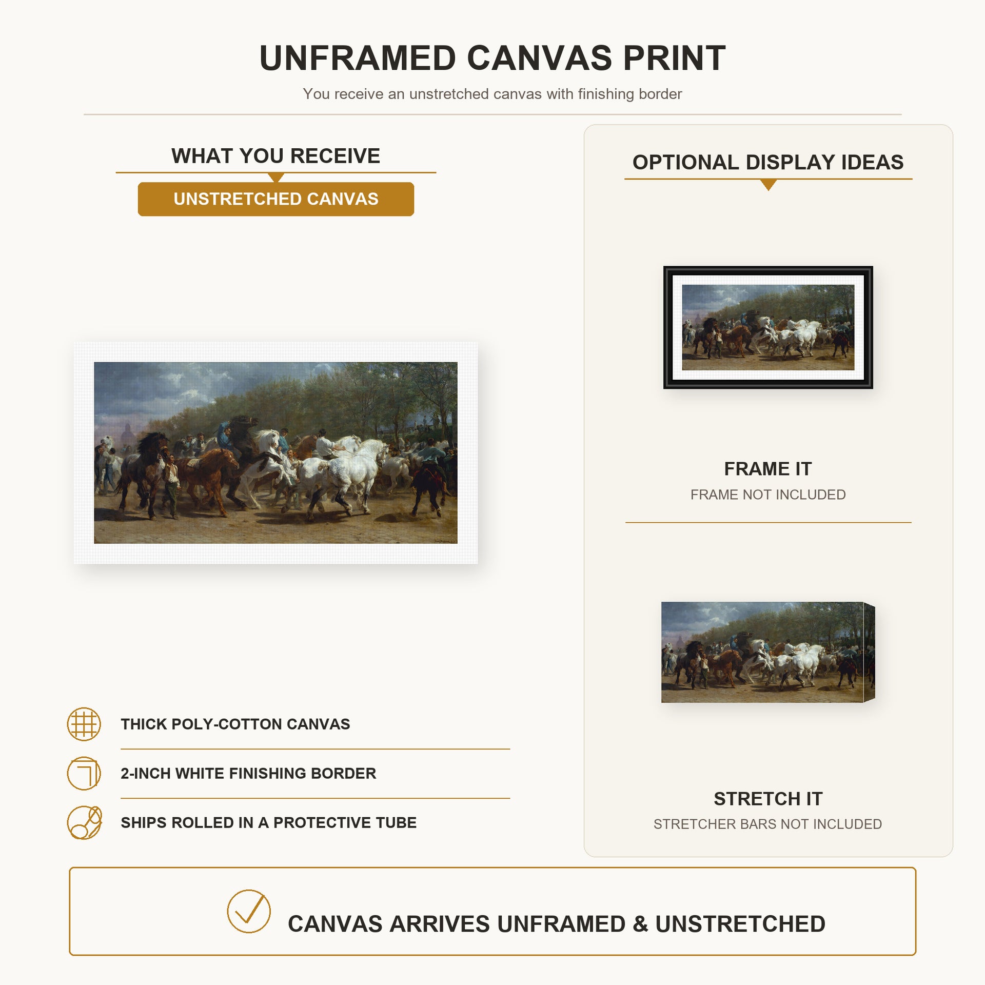 Rosa Bonheur - Horse Fair canvas print size comparison and framing display infographic