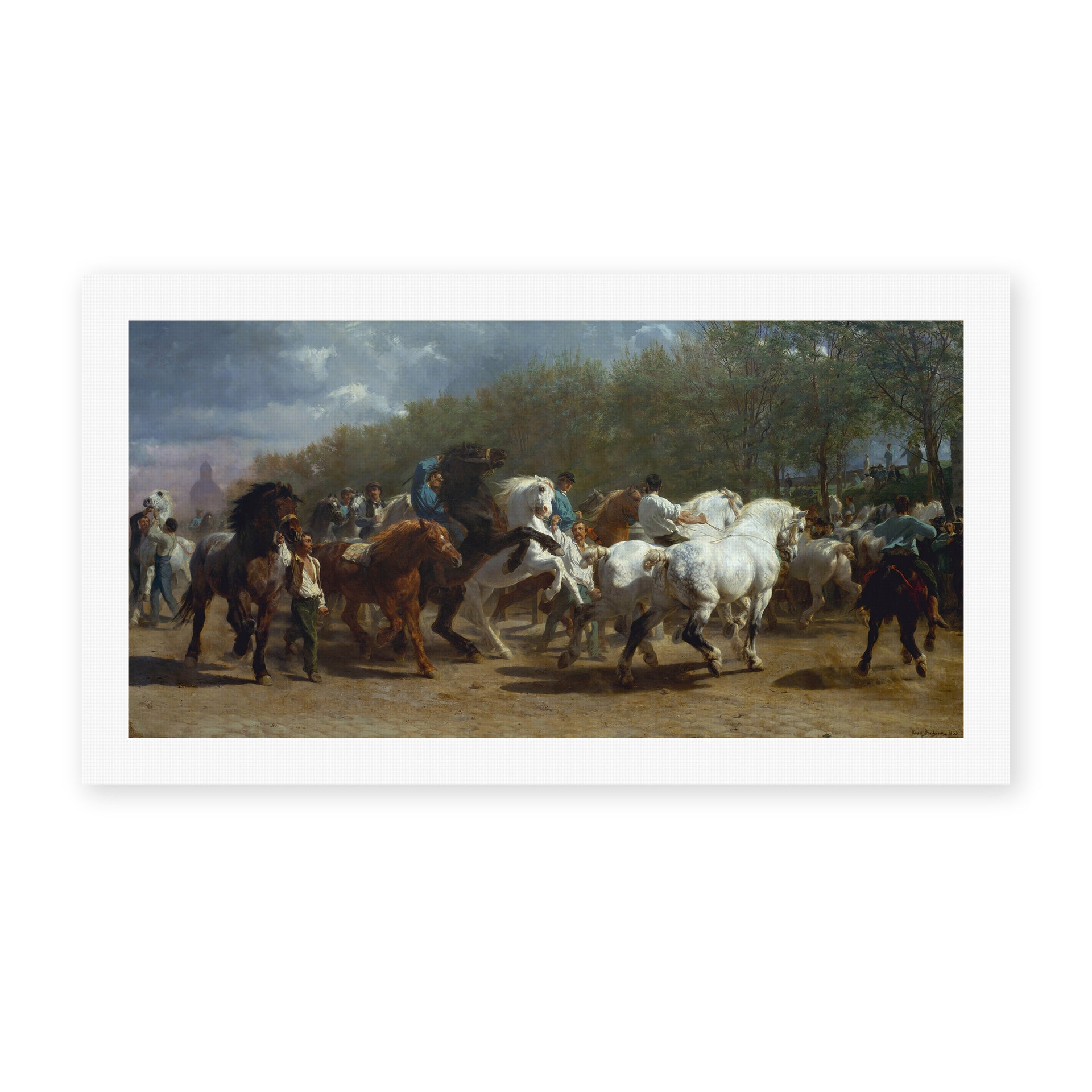 Rosa Bonheur's 'Horse Fair', depicting a bustling Paris horse market, reproduced as a rolled canvas print