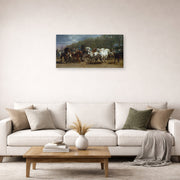 Gallery-wrapped canvas print of Rosa Bonheur's Horse Fair displayed on a wall in a living room