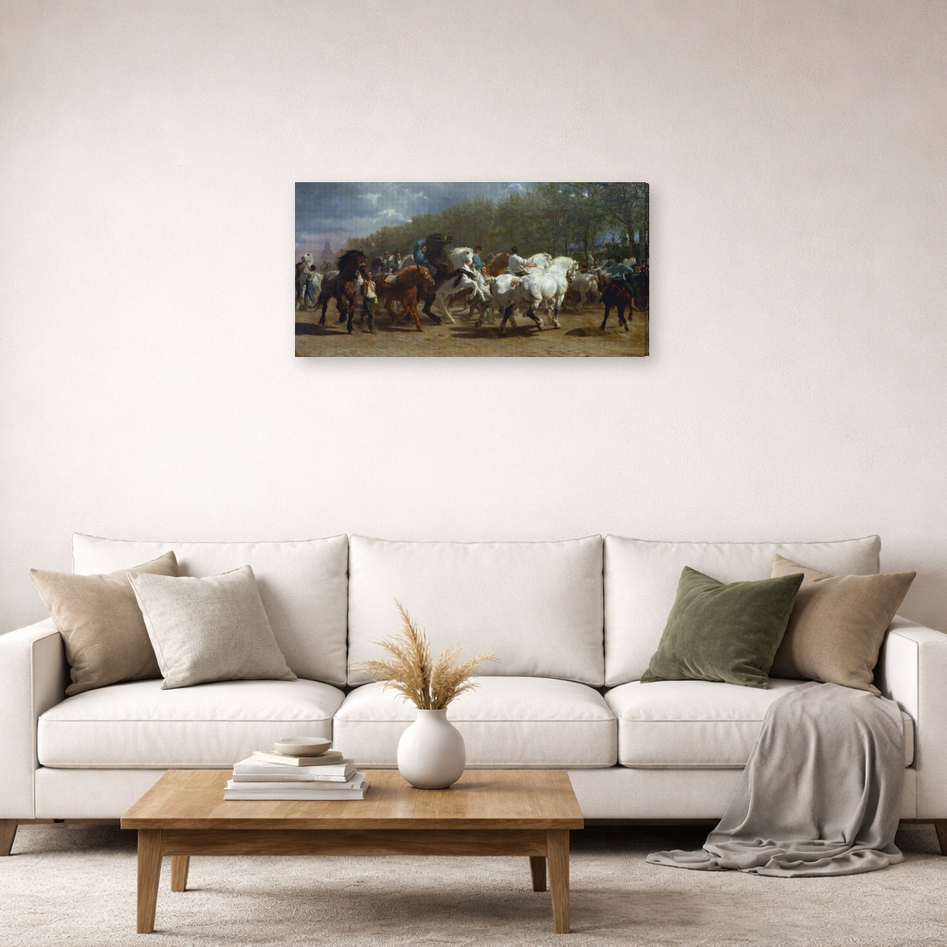 Gallery-wrapped canvas print of Rosa Bonheur's Horse Fair displayed on a wall in a living room