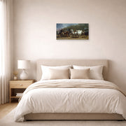 Unframed poster print of Rosa Bonheur's Horse Fair displayed on a wall in a bedroom