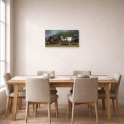 Unframed poster print of Rosa Bonheur's Horse Fair displayed on a wall in a dining
