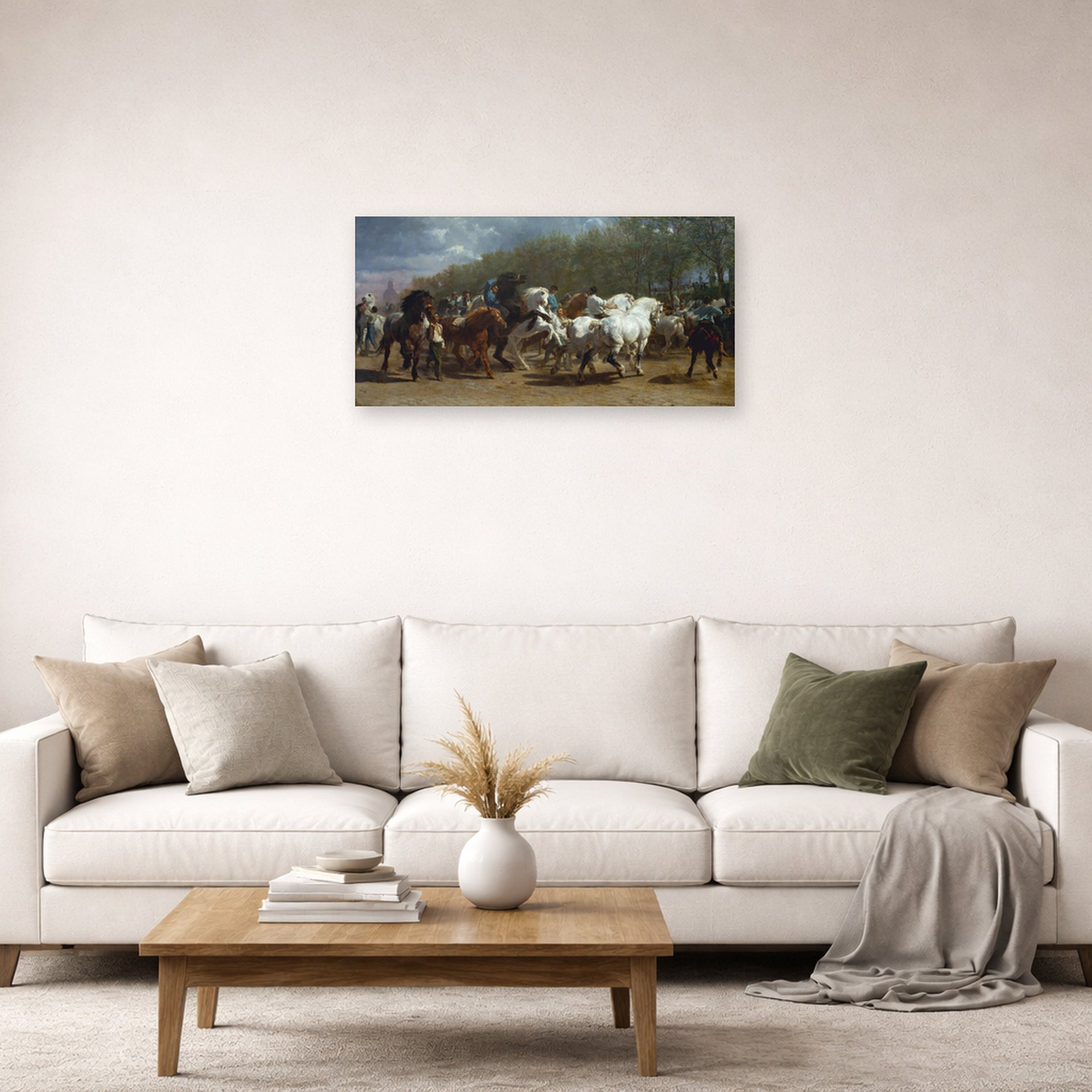 Unframed poster print of Rosa Bonheur's Horse Fair displayed on a wall in a living room