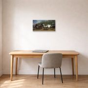 Unframed poster print of Rosa Bonheur's Horse Fair displayed on a wall in a office