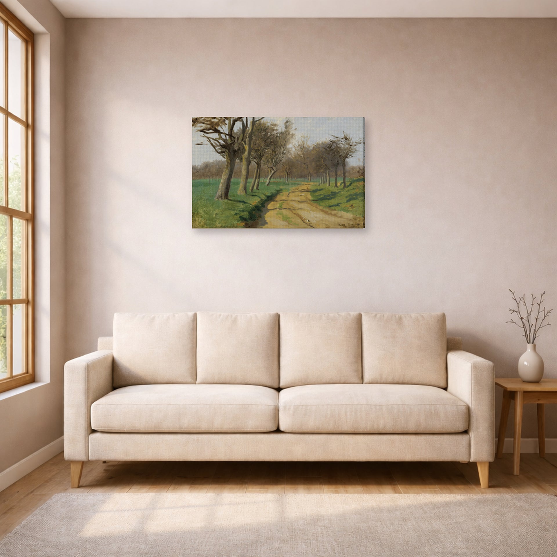 Gallery-wrapped canvas print of Rosa Bonheur's La Plaine Et Les Champs displayed on a wall in a living room