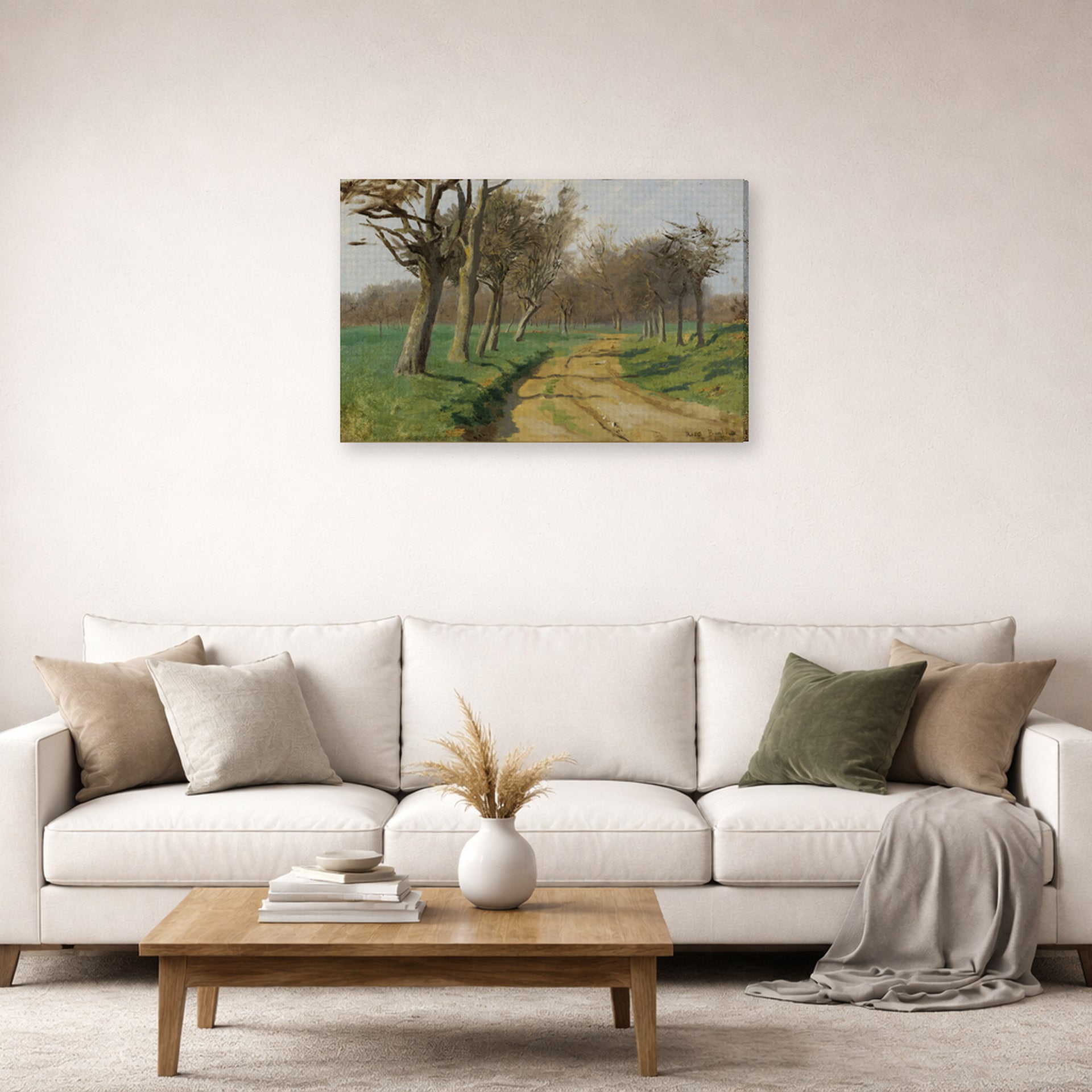 Gallery-wrapped canvas print of Rosa Bonheur's La Plaine Et Les Champs displayed on a wall in a living room