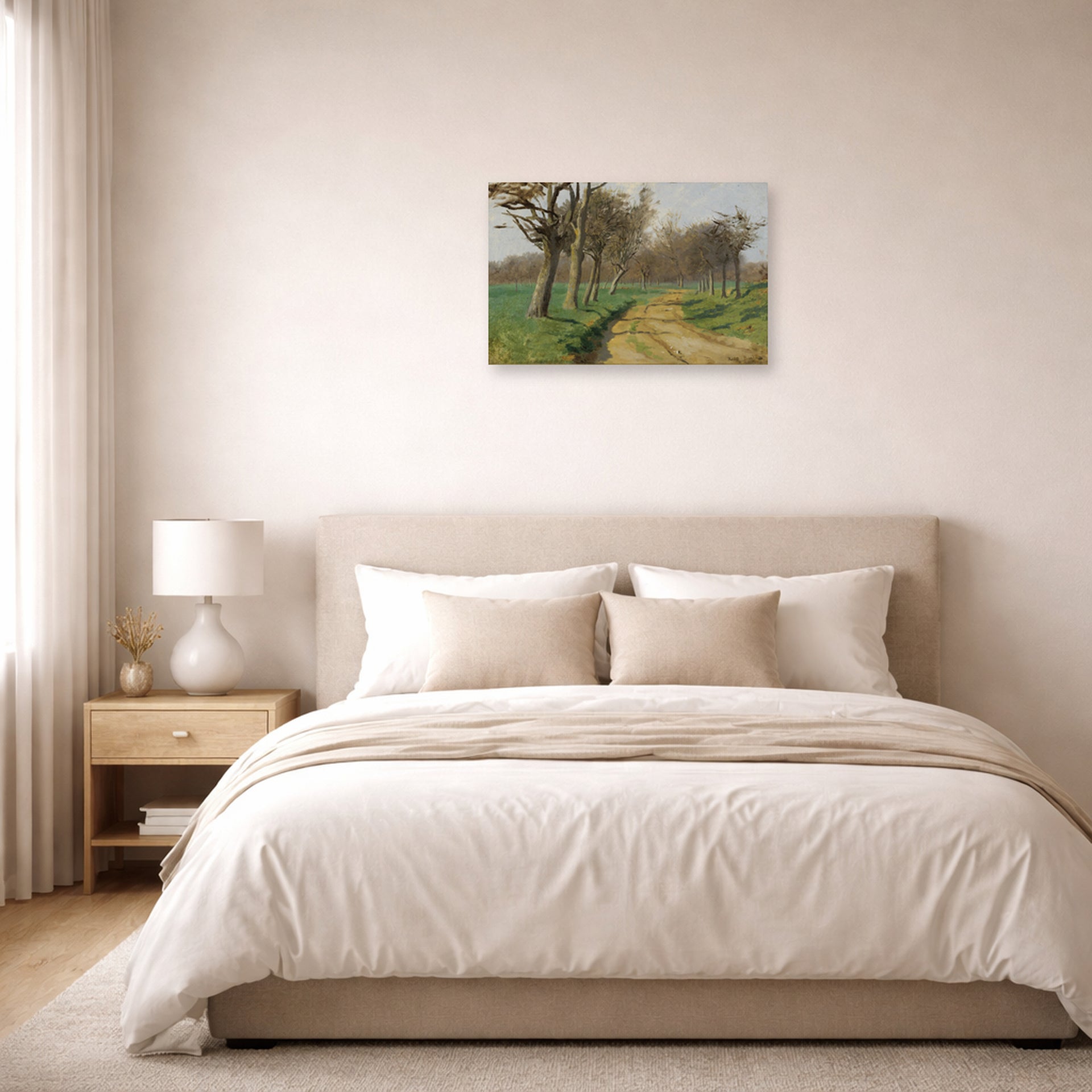 Unframed poster print of Rosa Bonheur's La Plaine Et Les Champs displayed on a wall in a bedroom