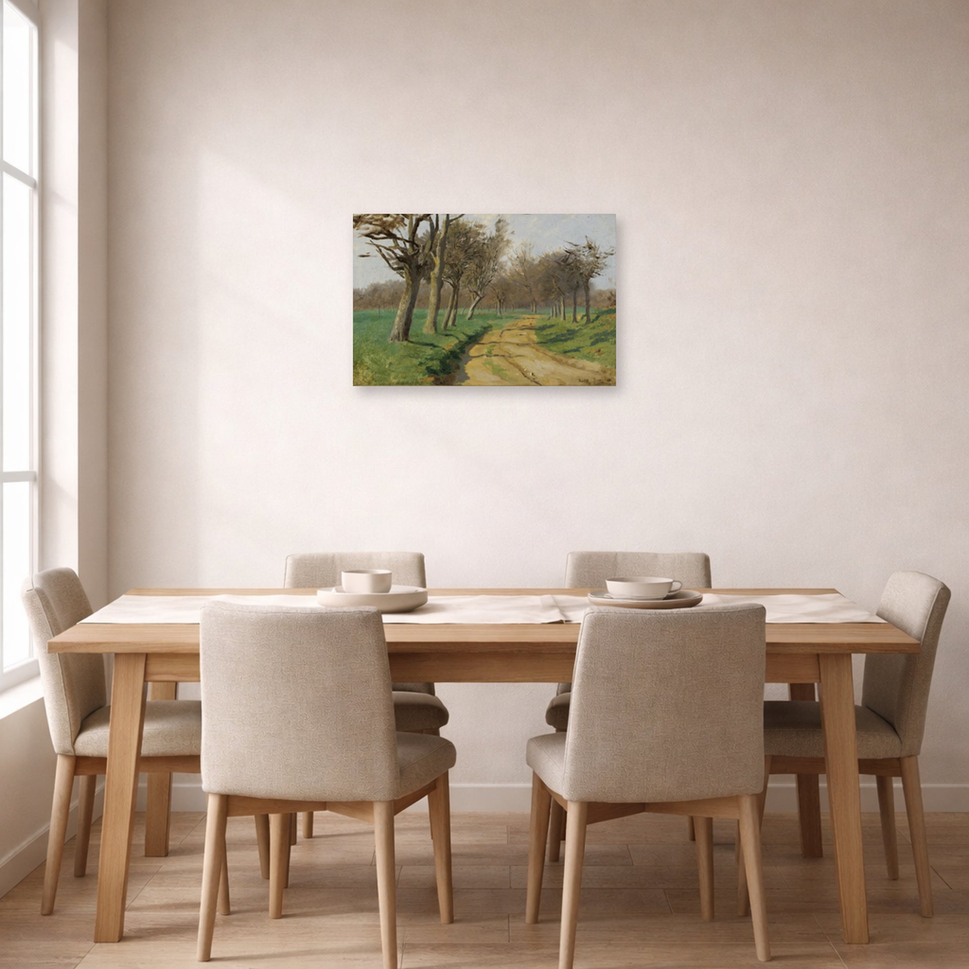 Unframed poster print of Rosa Bonheur's La Plaine Et Les Champs displayed on a wall in a dining