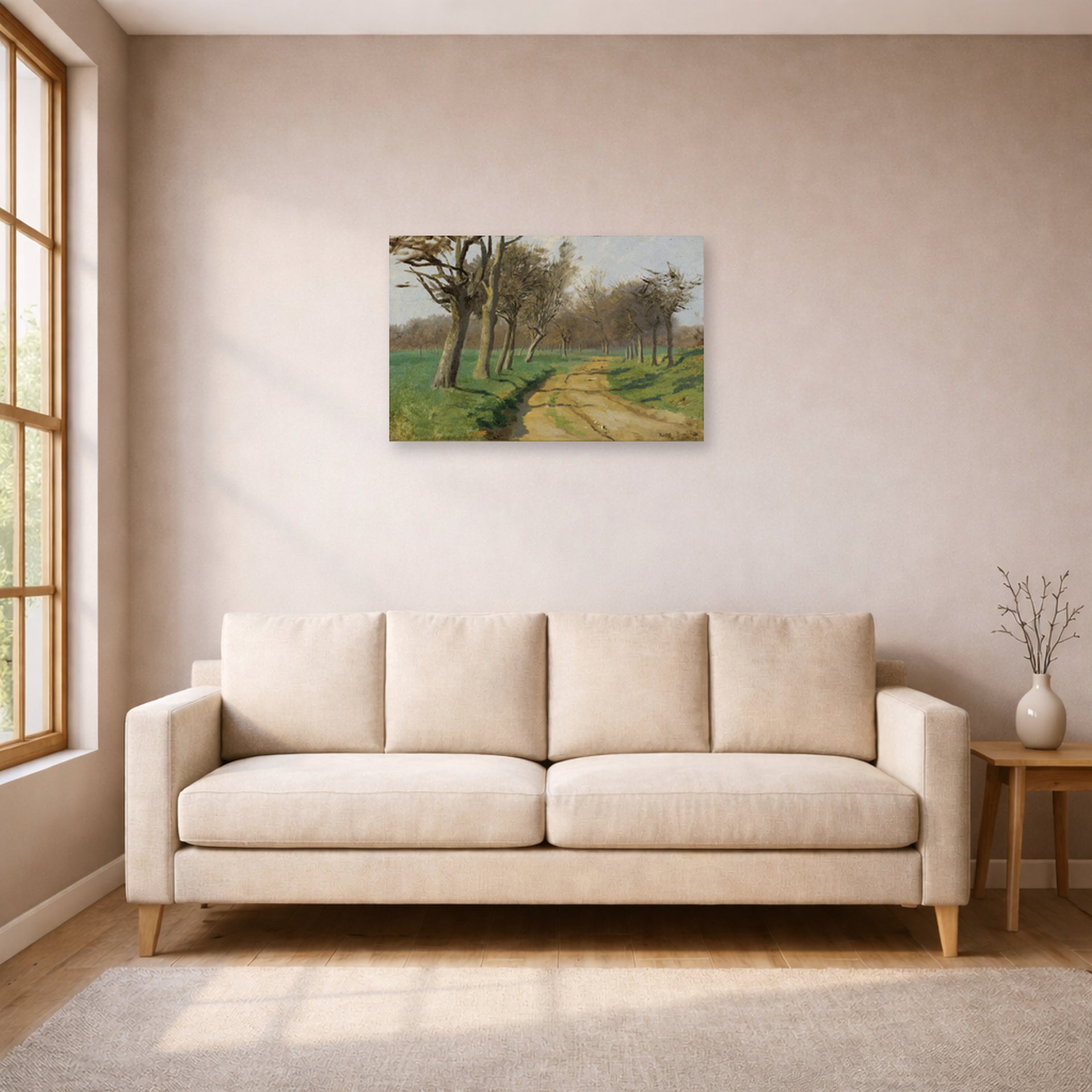 Unframed poster print of Rosa Bonheur's La Plaine Et Les Champs displayed on a wall in a living room