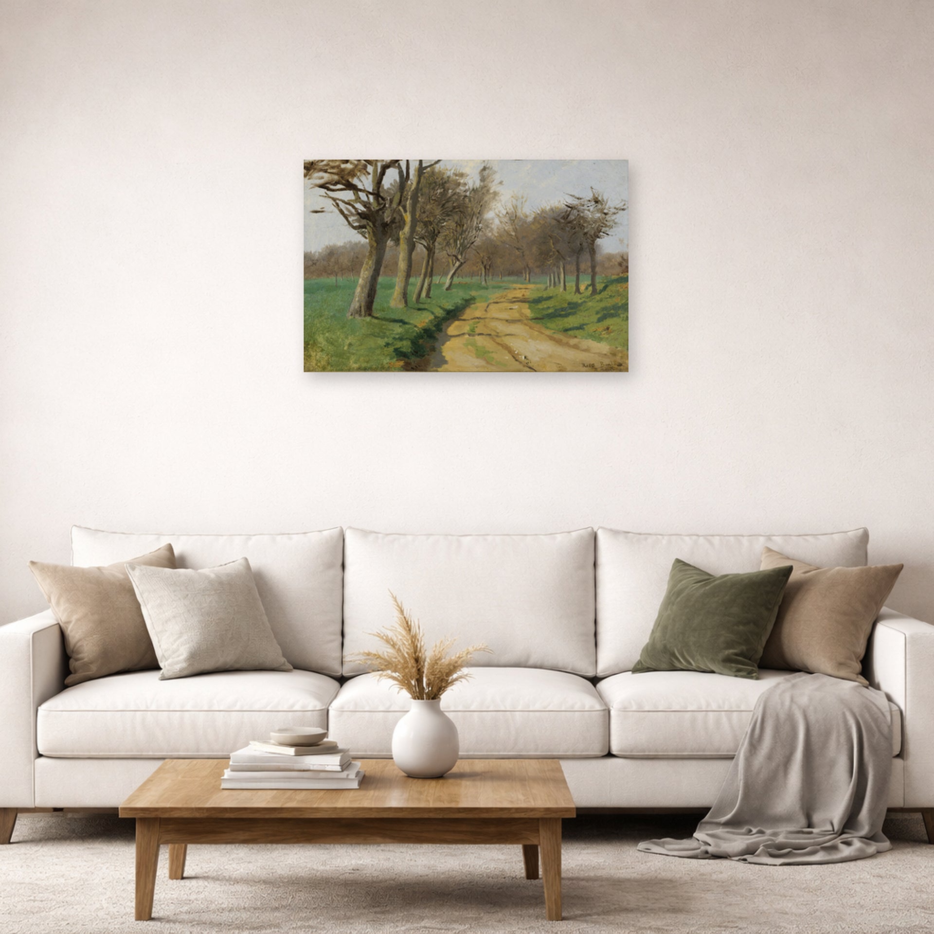 Unframed poster print of Rosa Bonheur's La Plaine Et Les Champs displayed on a wall in a living room