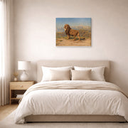 Gallery-wrapped canvas print of Rosa Bonheur's Lion in a Mountainous Landscape displayed on a wall in a bedroom