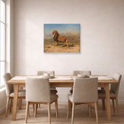 Gallery-wrapped canvas print of Rosa Bonheur's Lion in a Mountainous Landscape displayed on a wall in a dining