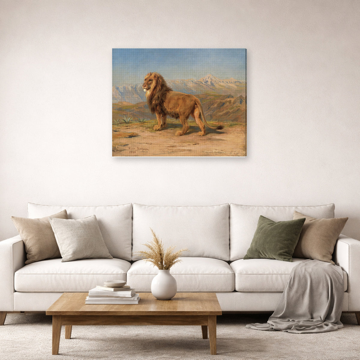 Gallery-wrapped canvas print of Rosa Bonheur's Lion in a Mountainous Landscape displayed on a wall in a living room