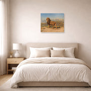 Unframed poster print of Rosa Bonheur's Lion in a Mountainous Landscape displayed on a wall in a bedroom