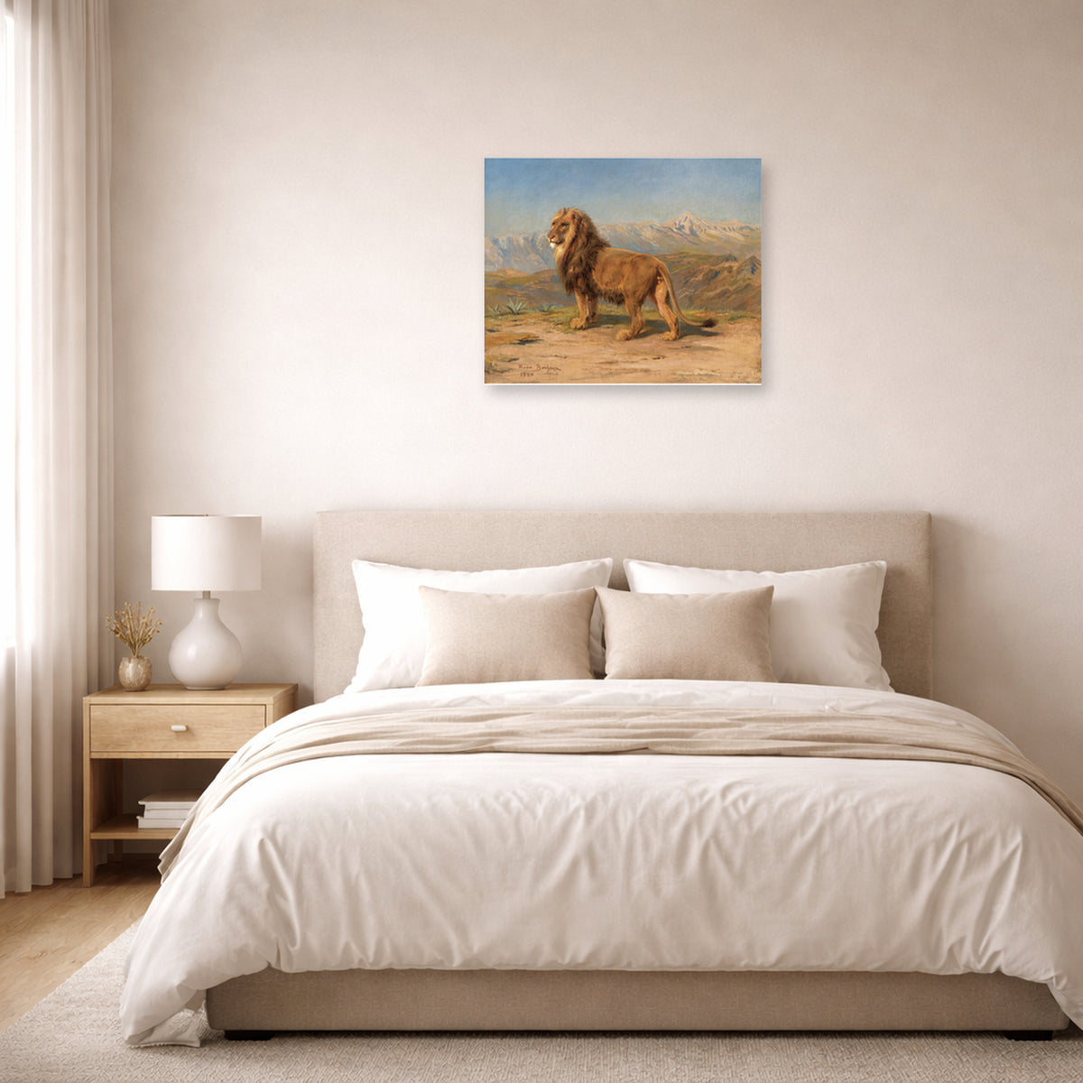 Unframed poster print of Rosa Bonheur's Lion in a Mountainous Landscape displayed on a wall in a bedroom
