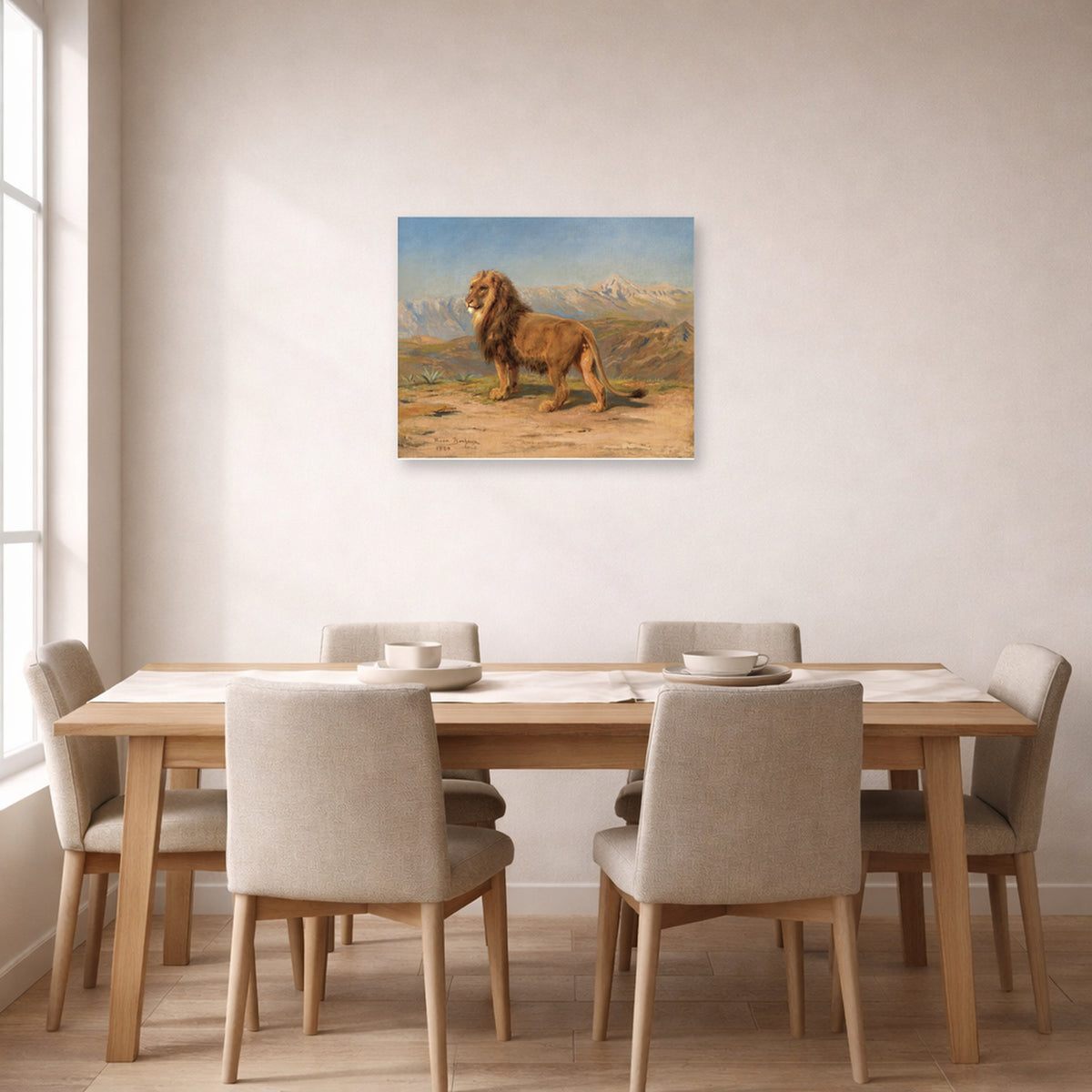 Unframed poster print of Rosa Bonheur's Lion in a Mountainous Landscape displayed on a wall in a dining