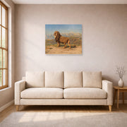 Unframed poster print of Rosa Bonheur's Lion in a Mountainous Landscape displayed on a wall in a living room
