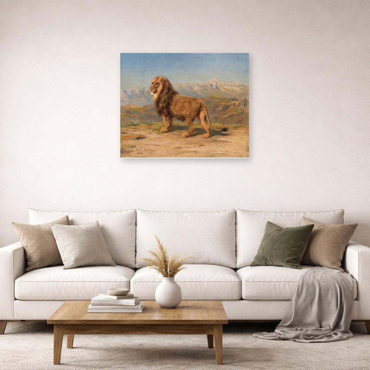 Unframed poster print of Rosa Bonheur's Lion in a Mountainous Landscape displayed on a wall in a living room