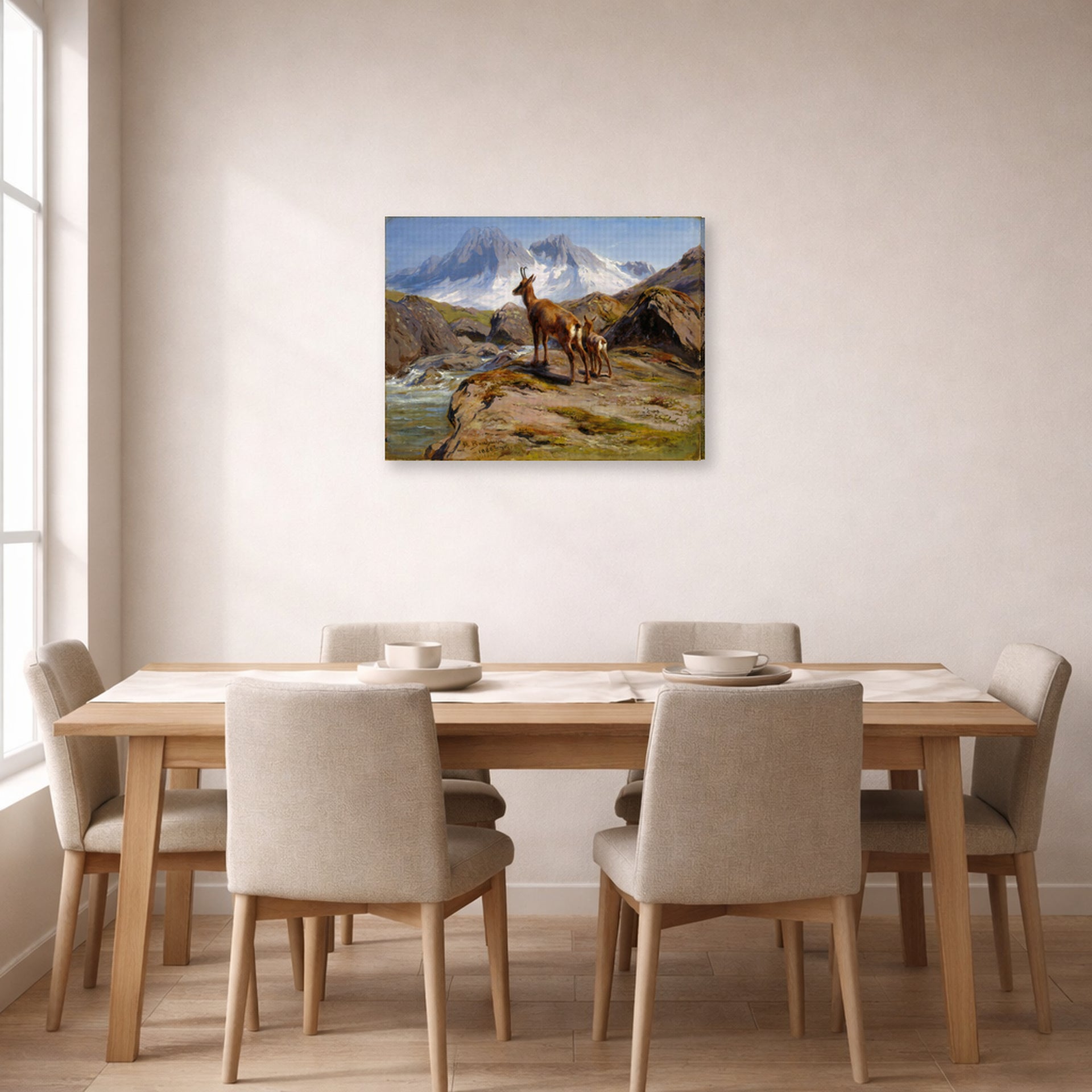 Gallery-wrapped canvas print of Rosa Bonheur's Mother and Baby displayed on a wall in a dining