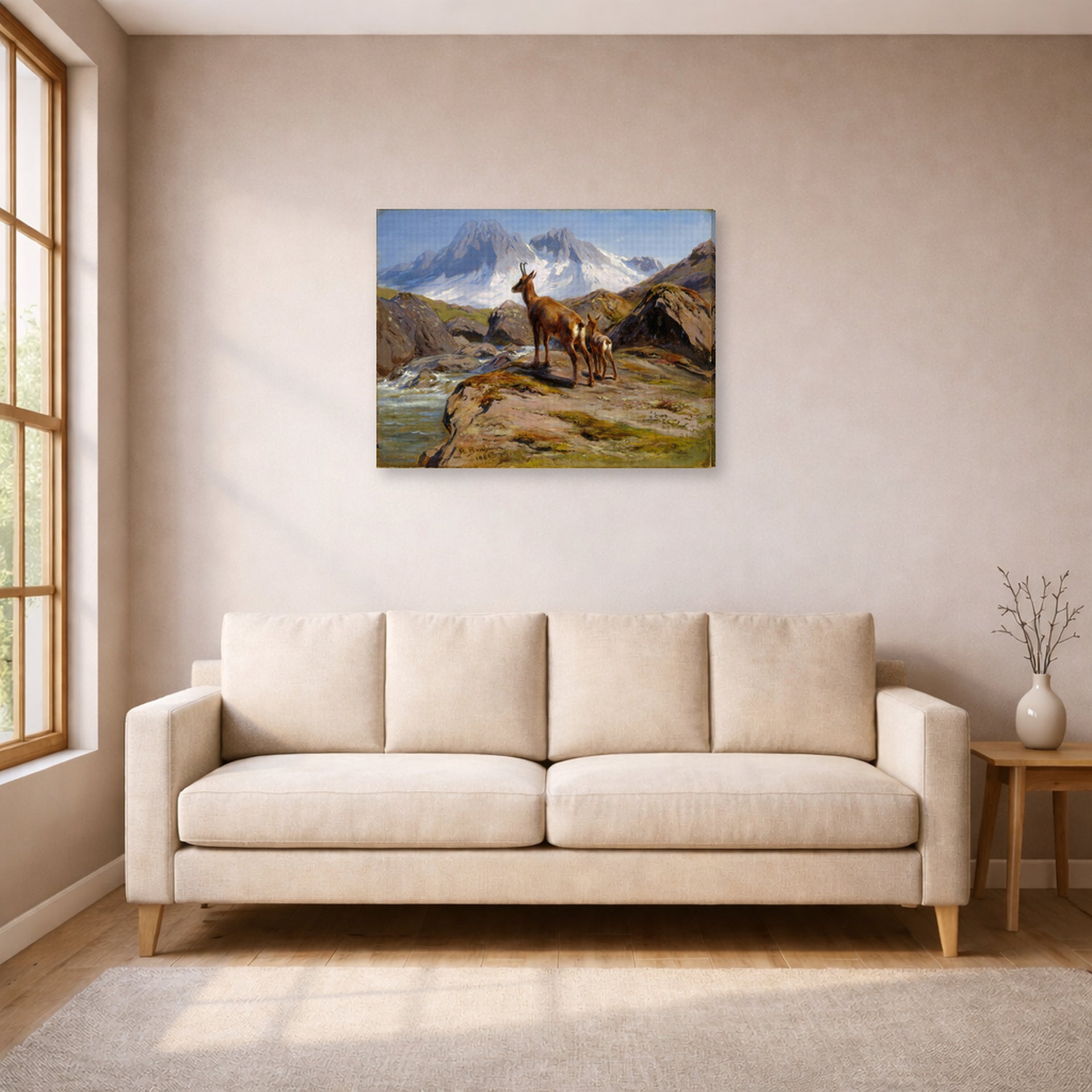 Gallery-wrapped canvas print of Rosa Bonheur's Mother and Baby displayed on a wall in a living room