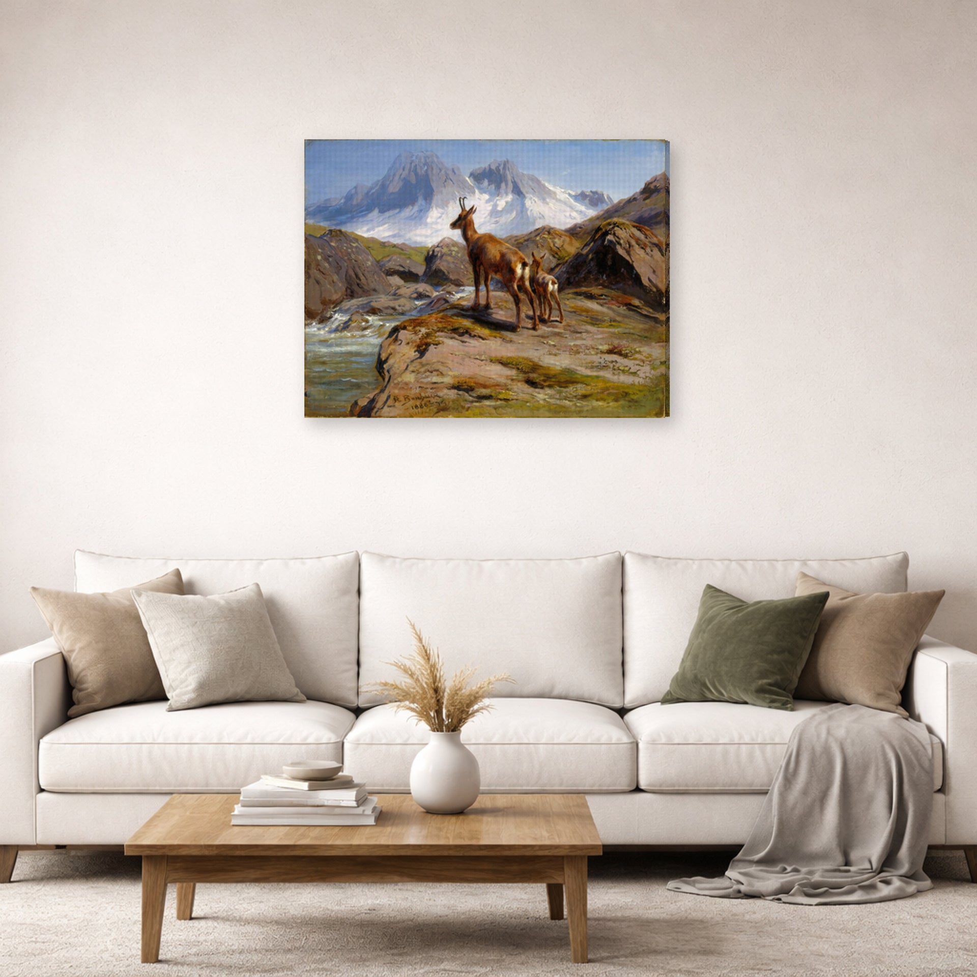 Gallery-wrapped canvas print of Rosa Bonheur's Mother and Baby displayed on a wall in a living room