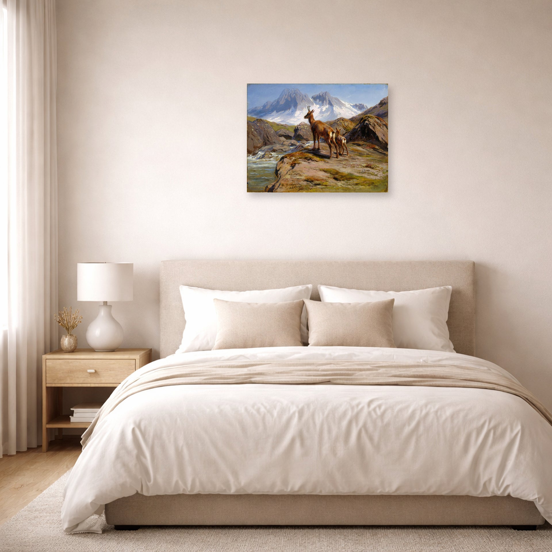 Unframed poster print of Rosa Bonheur's Mother and Baby displayed on a wall in a bedroom