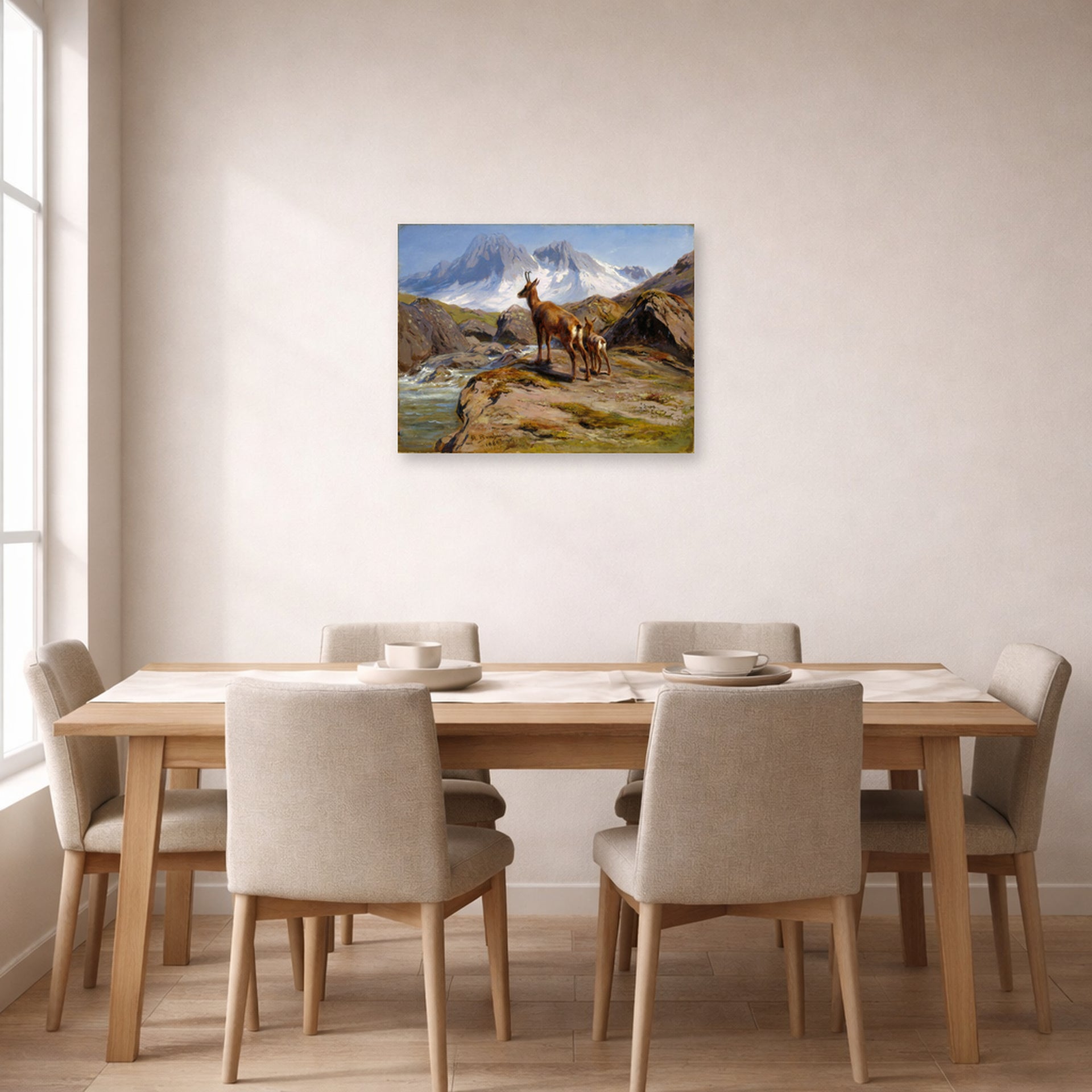 Unframed poster print of Rosa Bonheur's Mother and Baby displayed on a wall in a dining