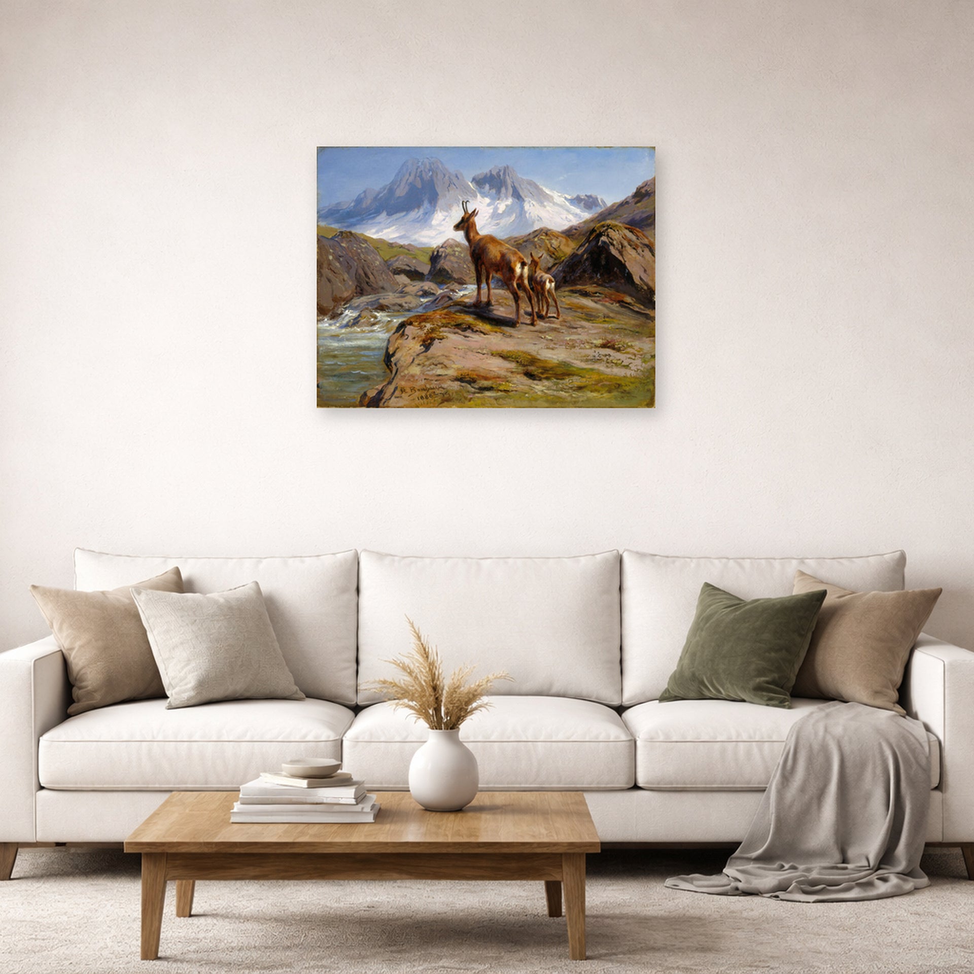 Unframed poster print of Rosa Bonheur's Mother and Baby displayed on a wall in a living room
