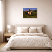 Gallery-wrapped canvas print of Rosa Bonheur's Mounted Indians Carrying Spears displayed on a wall in a bedroom