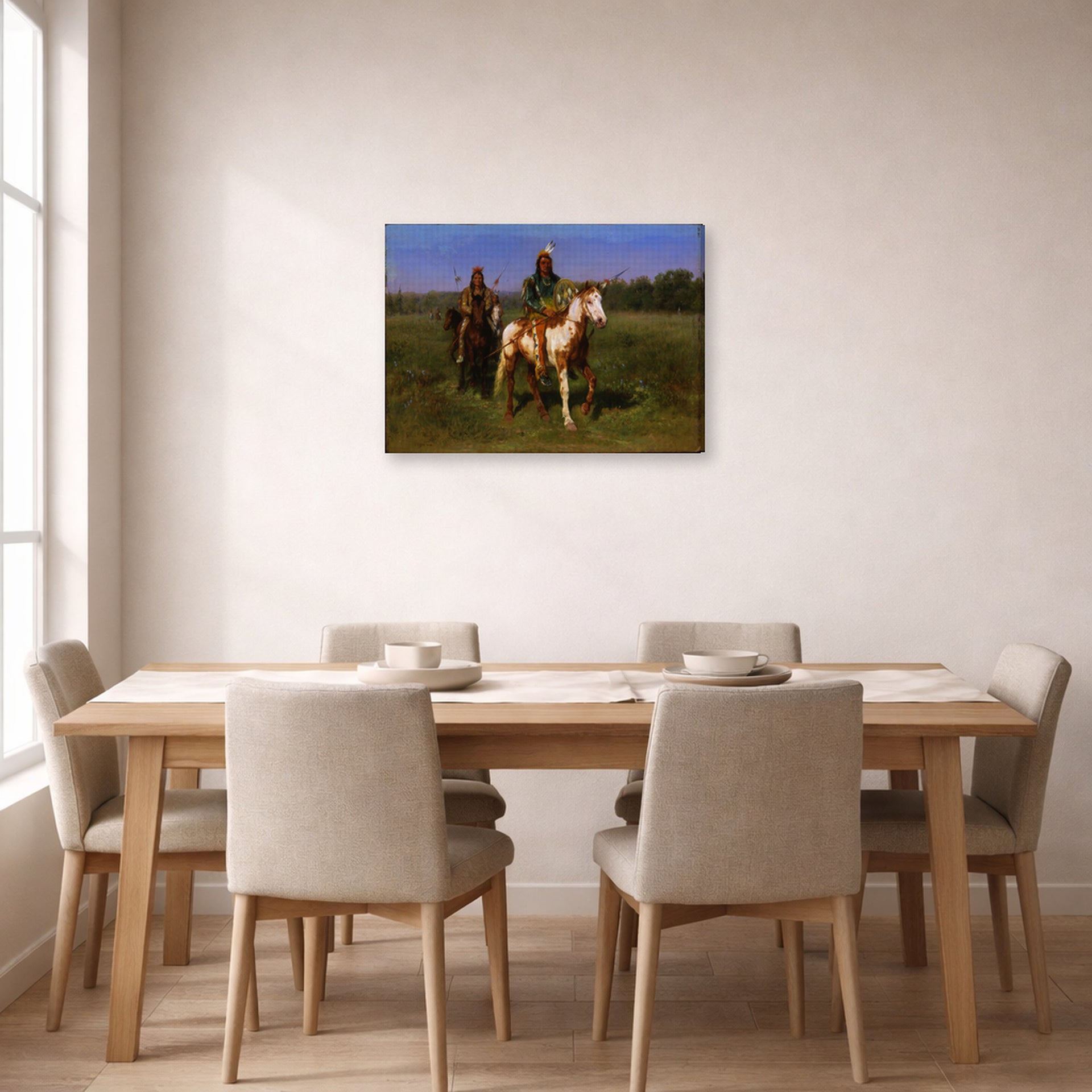 Gallery-wrapped canvas print of Rosa Bonheur's Mounted Indians Carrying Spears displayed on a wall in a dining