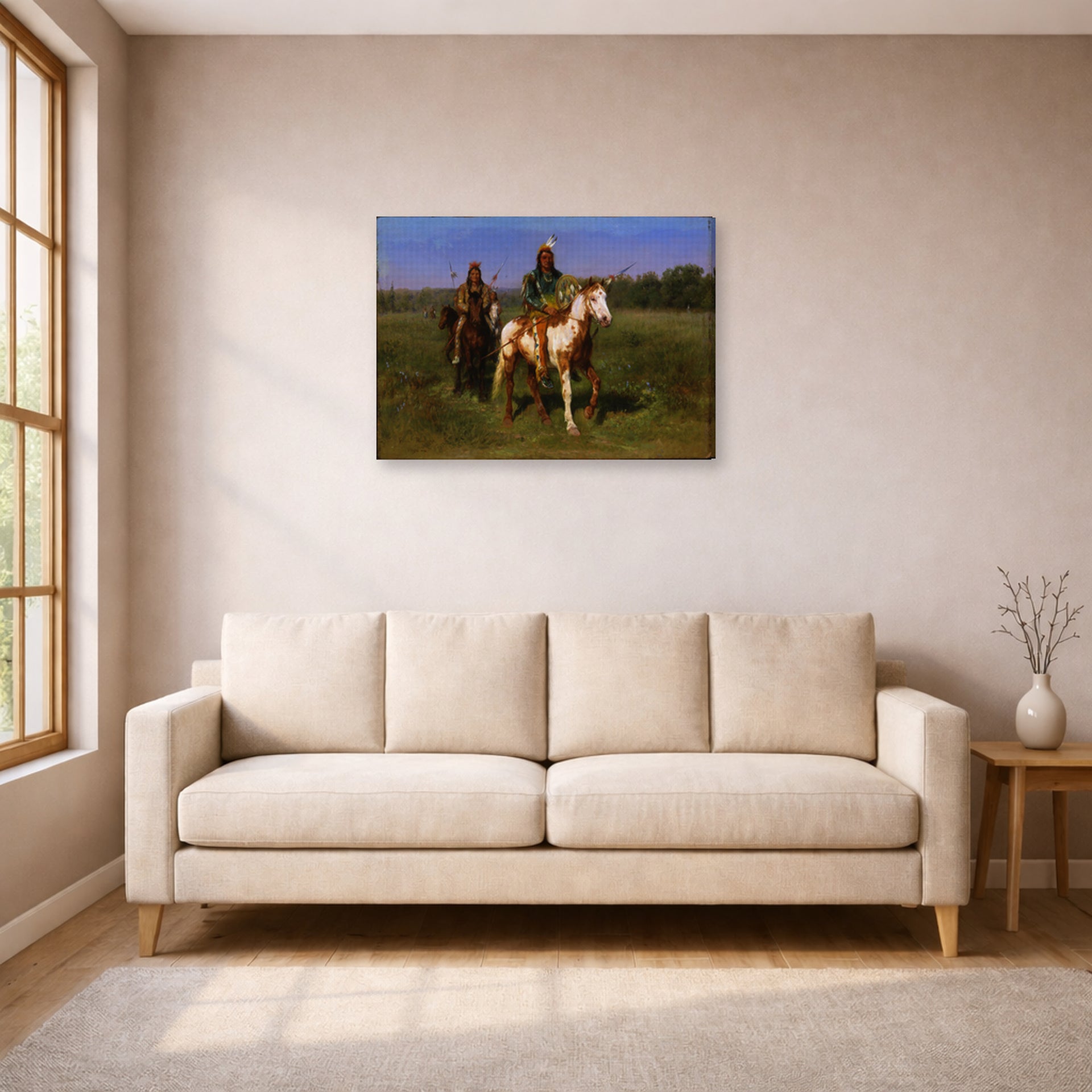 Gallery-wrapped canvas print of Rosa Bonheur's Mounted Indians Carrying Spears displayed on a wall in a living room