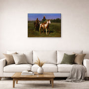 Gallery-wrapped canvas print of Rosa Bonheur's Mounted Indians Carrying Spears displayed on a wall in a living room