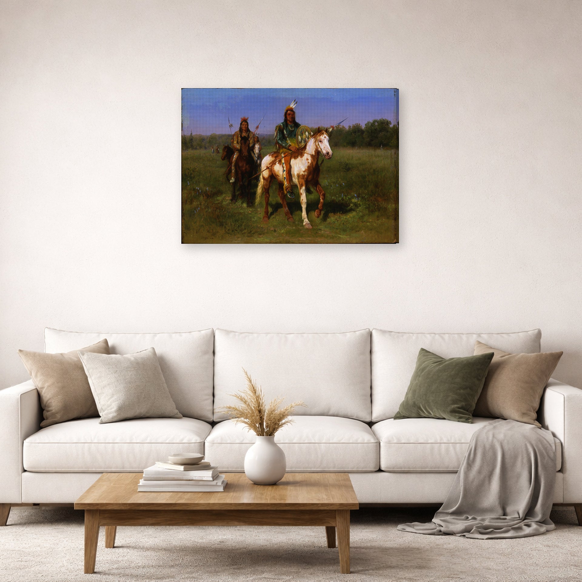 Gallery-wrapped canvas print of Rosa Bonheur's Mounted Indians Carrying Spears displayed on a wall in a living room