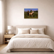 Unframed poster print of Rosa Bonheur's Mounted Indians Carrying Spears displayed on a wall in a bedroom