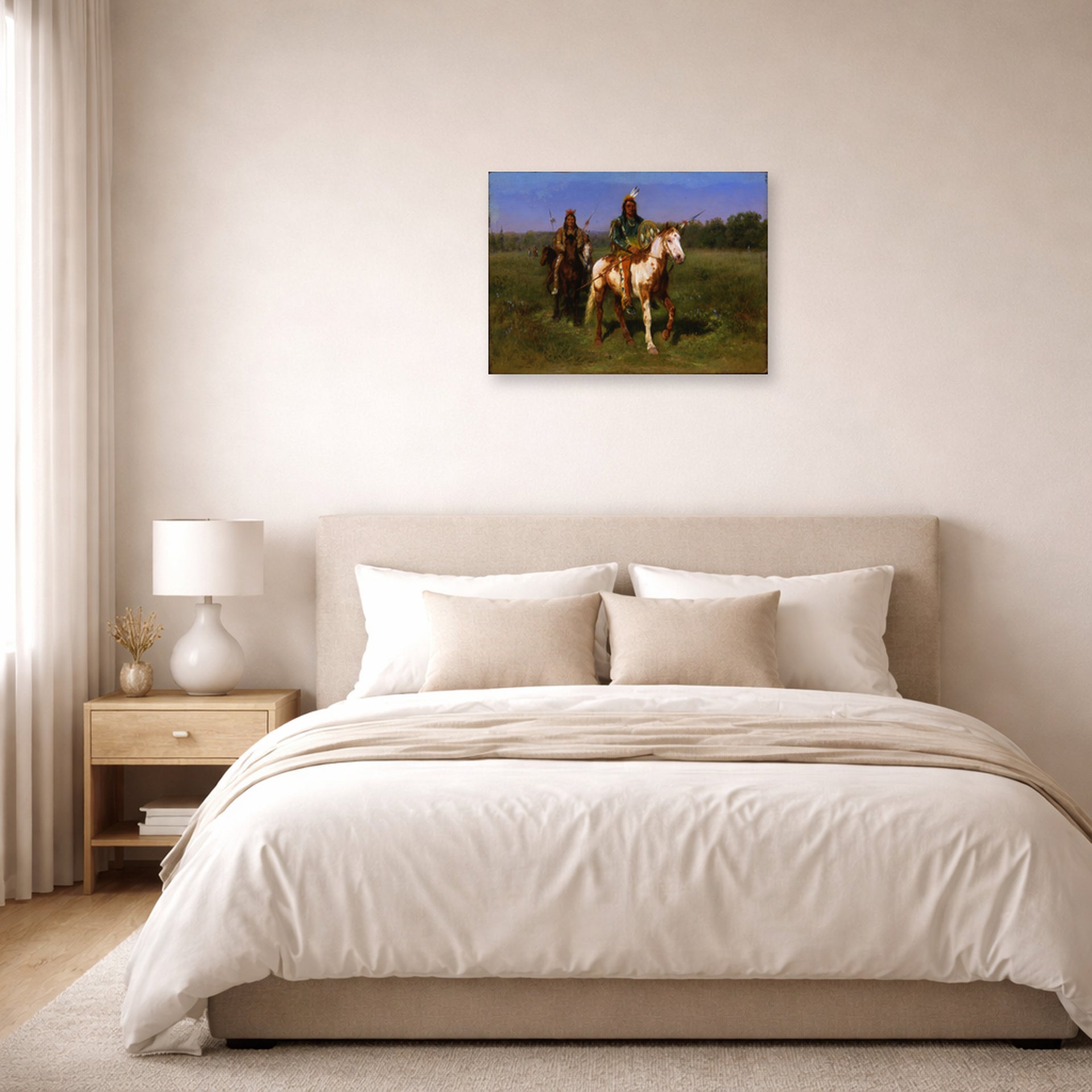 Unframed poster print of Rosa Bonheur's Mounted Indians Carrying Spears displayed on a wall in a bedroom