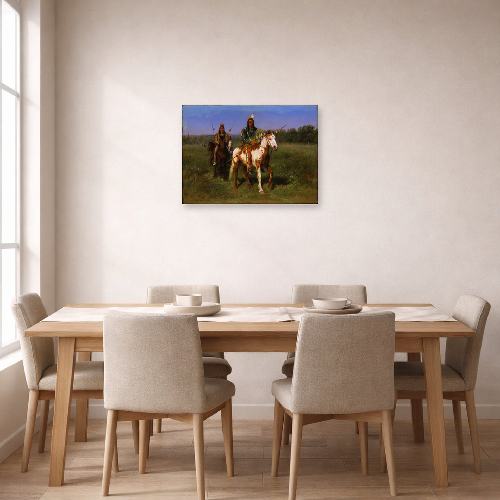 Unframed poster print of Rosa Bonheur's Mounted Indians Carrying Spears displayed on a wall in a dining