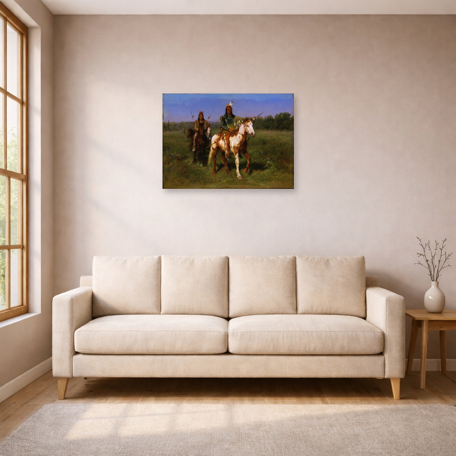 Unframed poster print of Rosa Bonheur's Mounted Indians Carrying Spears displayed on a wall in a living room
